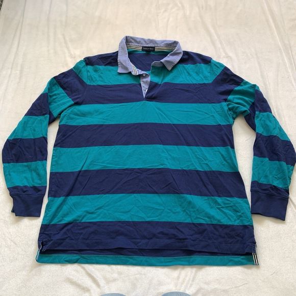Lands' End Rugby Shirt Mens XL Polo Blue Green Striped Long Sleeve Cotton - Picture 1 of 6